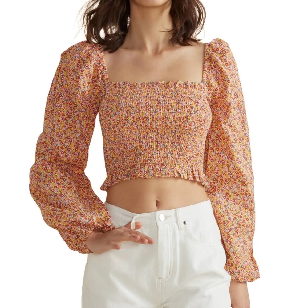 MINKPINK Morewell Smocked Crop Top in Ditsy Floral